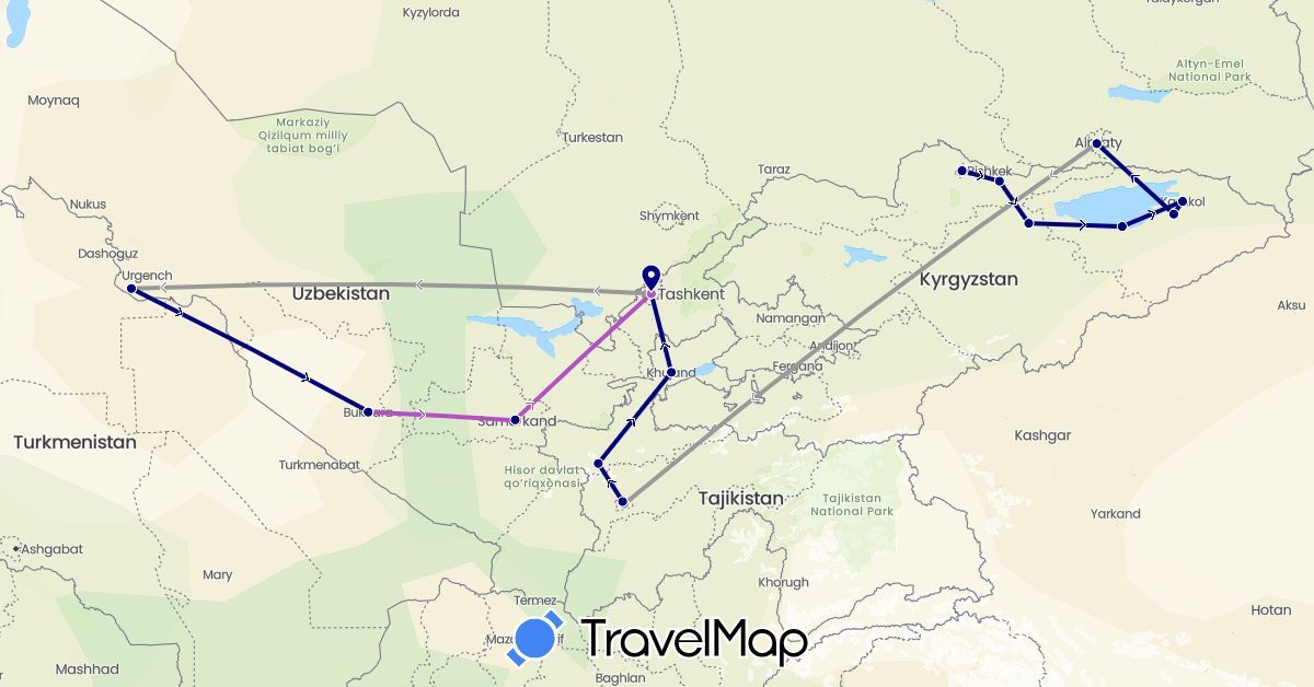 TravelMap itinerary: driving, plane, train in Kyrgyzstan, Kazakhstan, Tajikistan, Uzbekistan (Asia)
